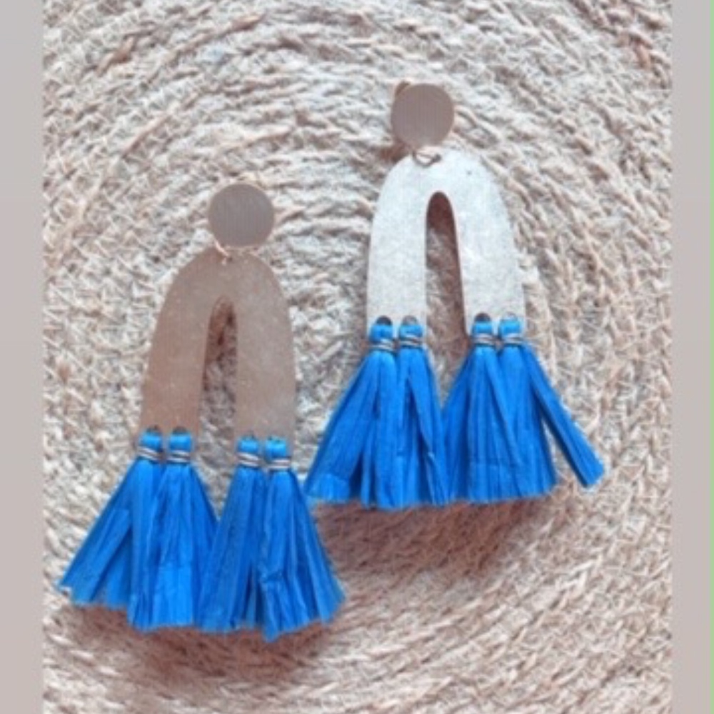 Blue Bauble Earrings with Raffia Tassels